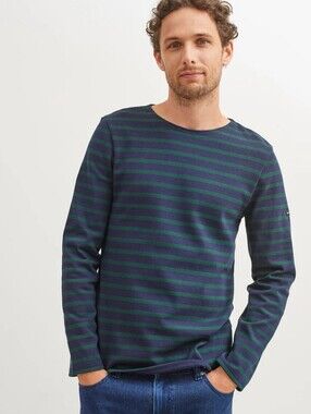Saint James Men's Navy and Green Striped Long-Sleeve Crew Shirt